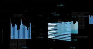 Finansal grafiklerin animasyonu ve siyah arkaplan verileri. İş, finans ve ekonomi kavramı dijital olarak oluşturulmuş video.