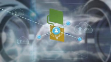 Animation of network of connections with icons over data processing on blue background. Global connections, computing and digital interface concept digitally generated video.