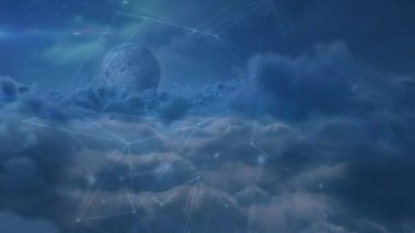 Network of connections over moon and clouds in the sky. Global networking and business technology concept