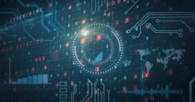 Donanma arkaplanındaki veriler ve entegre devre üzerindeki işleme çemberinin animasyonu. Veri işleme ve teknoloji konsepti dijital olarak oluşturulmuş video.