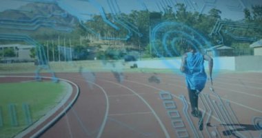 Animation of digital data over african american disabled man training with running blade. Sport, active lifestyle disability and technology concept digitally generated video.