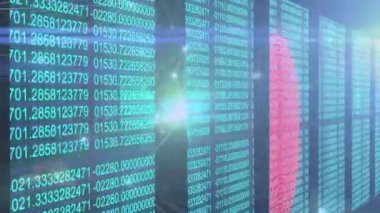 Numaraların, ışıkların, bağlantıların ve parmak izlerinin animasyonu. Ağ, veri işleme, bilgisayarlar ve teknoloji konsepti dijital olarak oluşturulmuş video.