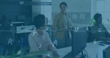 Animation of numbers changing over diverse female coworkers in office. Business, finance, economy, data processing and technology concept digitally generated video.