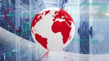 Animation of globe with data processing over server room. Global technology, computing and digital interface concept digitally generated video.