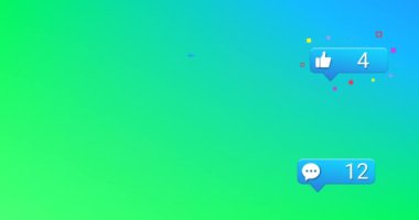 Sosyal medyanın yeşil ve mavi arka plandaki tepkilerinin animasyonu. Sosyal medya, ağ, iletişim ve teknoloji konsepti dijital olarak oluşturulmuş video.