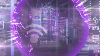 Sunucu odasında veri işleme ve simgelerle birlikte dünyanın animasyonu. Küresel teknoloji, bilgisayar ve dijital arayüz kavramı dijital olarak oluşturulmuş video.