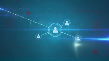 Profil simgelerinin dijital animasyonu mavi arkaplana karşı ışık noktası üzerinde. Küresel ağ ve iş teknolojisi kavramı