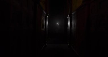 Hareket eden hayaletin ve siyah arka plandaki binaların animasyonu. Cadılar Bayramı ve hayaletler konsepti dijital olarak oluşturulmuş video.