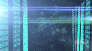 Veri işleme ve siyah arkaplan üzerindeki ışık izlerinin animasyonu. Küresel teknoloji, bilgisayar ve dijital arayüz kavramı dijital olarak oluşturulmuş video.