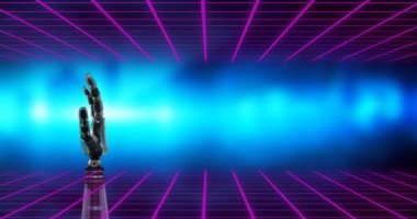 Robotik el üzerinde siyah arka plandaki mavi ışığın animasyonu. Küresel teknoloji, bilgisayar ve dijital arayüz kavramı dijital olarak oluşturulmuş video.