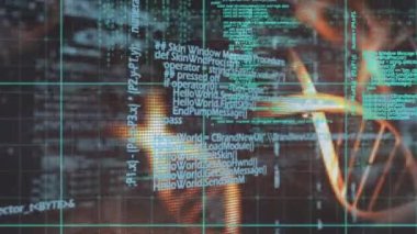 Karanlık arka plandaki DNA iplikçiklerinin üzerinde bilimsel veri işleme animasyonu. Küresel bilim, bağlantılar, veri işleme ve dijital arayüz kavramı dijital olarak oluşturulmuş video.