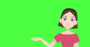 Beyaz kadının yeşil ekranda fotokopi alanıyla konuşup el kol hareketi yaptığı animasyon. Dijital olarak oluşturulan karakter ve hareket konsepti.