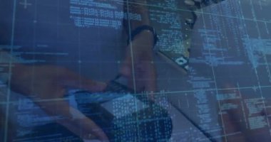 Animation of data processing over diverse people paying with smartwatch. Global technology, finances and digital interface concept digitally generated video.