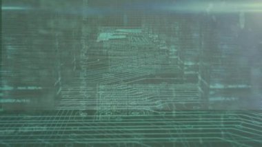 Sunucu odasında veri işleme sistemi olan ışık ve bilgisayar devre kartlarının animasyonu. Küresel teknoloji, bilgisayar ve dijital arayüz kavramı dijital olarak oluşturulmuş video.