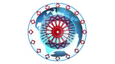 Küre animasyonu, işleme çemberi ve beyaz arkaplanda kırmızı şekiller. Dijital olarak oluşturulan küresel ağ ve teknoloji konsepti.