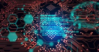 Entegre devre animasyonu ve siyah arkaplan üzerine bilimsel veriler. Bilgisayarlar, teknoloji, bağlantılar ve dijital olarak oluşturulmuş veri işleme konsepti.