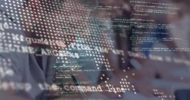 Animation of data processing over caucasian male student. Education, learning and technology concept digitally generated video.