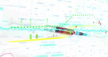 Şırınga üzerinde veri işleme animasyonu. Küresel tıp, aşı, sağlık ve veri işleme kavramı dijital olarak oluşturulmuş video.