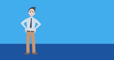 Beyaz iş adamının mavi arka planda sunum yapmasının animasyonu. Geçmişi. İletişim ve iş konsepti dijital olarak oluşturulmuş video.