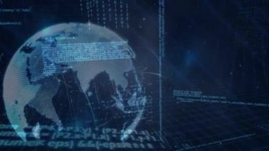 Donanma arkaplanındaki dünya ve verilerin animasyonu. Küresel ağ, veri işleme ve teknoloji konsepti dijital olarak oluşturulmuş video.