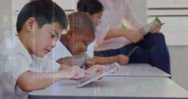 Animation of graphs and financial data over diverse pupils using tablets in classroom. School, education, learning with technology and finance concept digitally generated video.
