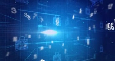 Sayıların animasyonu ve entegre devreli mavi arkaplan üzerindeki dijital asma kilit. Dijital güvenlik, veri ve teknoloji konsepti dijital olarak oluşturuldu.