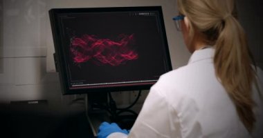 Animation of chemical formulas over back view of caucasian female lab worker using computer. Science, medicine and laboratory concept digitally generated video.