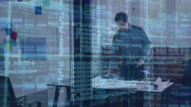 Animation of data processing over caucasian man in office. Business, data processing and technology concept digitally generated video.