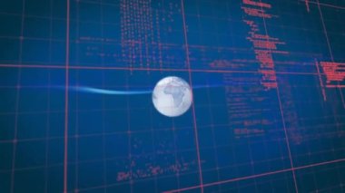 Veri ve küreyle mavi dijital ekranın animasyonu. Dijital arayüz, veri işleme ve teknoloji konsepti dijital olarak oluşturulmuş video.