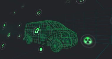 Minibüs projesinin üzerinde yüzen ekolojik simgelerin canlandırması. Yeşil enerji, elektrikli arabalar, tasarım ve teknoloji konsepti dijital olarak oluşturulmuş video.