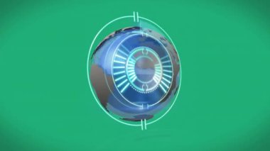 Küre animasyonu, işlem çemberi ve yeşil arka plandaki uçaklar. Dijital olarak oluşturulan küresel ağ ve teknoloji konsepti.