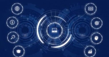 Düşen eğitim simgelerinin tarama sırasında karanlık arka planda görüntülenmesi. Dijital olarak oluşturulan öğrenim ve eğitim konsepti.