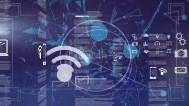 Bağlantı ağı üzerinden veri işleme animasyonu. Küresel teknoloji, bilgisayar ve dijital arayüz kavramı dijital olarak oluşturulmuş video.