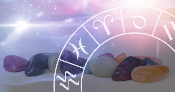 Animation Stars Zodiac Moving Stones White Surface Paramedicine Astrology Healing — Vídeo de Stock
