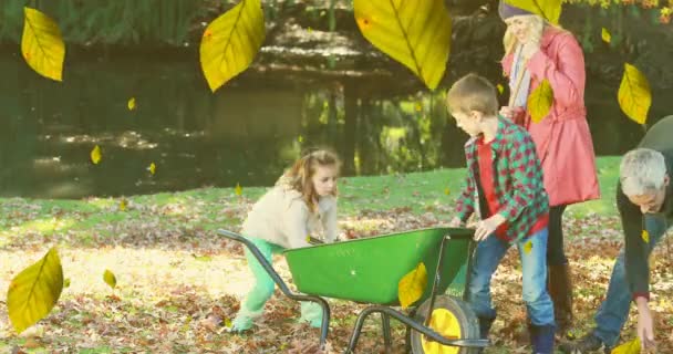 Animation Autumn Leaves Falling Caucasian Family Collecting Leavers Park Fall — Stockvideo
