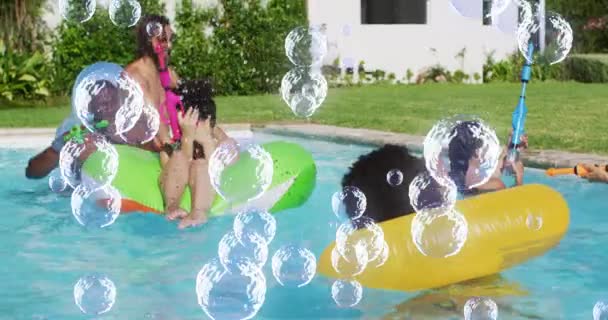 Animation Bubbles Happy Diverse Friends Having Fun Swimming Pool Holidays — Wideo stockowe