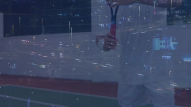 Анімація Часового Поясу Дорожнім Рухом Над Серединою Кавказького Тенісиста Спорт — стокове відео