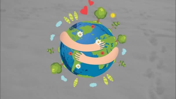Animation Hands Embracing Globe Grey Background Earth Day Eco Awareness — Αρχείο Βίντεο