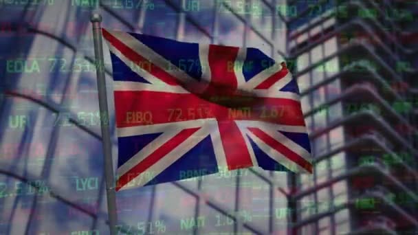 Animatie Van Vlag Van Groot Brittannië Financiële Gegevens Gebouw Kantoor — Stockvideo