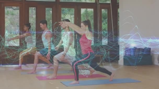 Animation Waves Diverse People Practicing Yoga Sport Fitness Active Lifestyle — Vídeo de Stock
