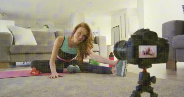 Animation Shapes Caucasian Woman Exercising Making Vlog Using Camera Global — Wideo stockowe