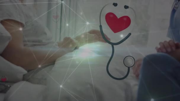 Animation Network Connections Stethoscope Icons Doctor Treating Patient Global Medicine — Vídeo de stock