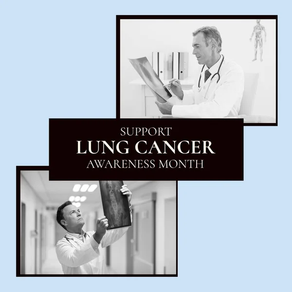 Image Lungenkrebs Awareness Konzept Über Fotos Mit Kaukasischen Männlichen Ärzten — Stockfoto