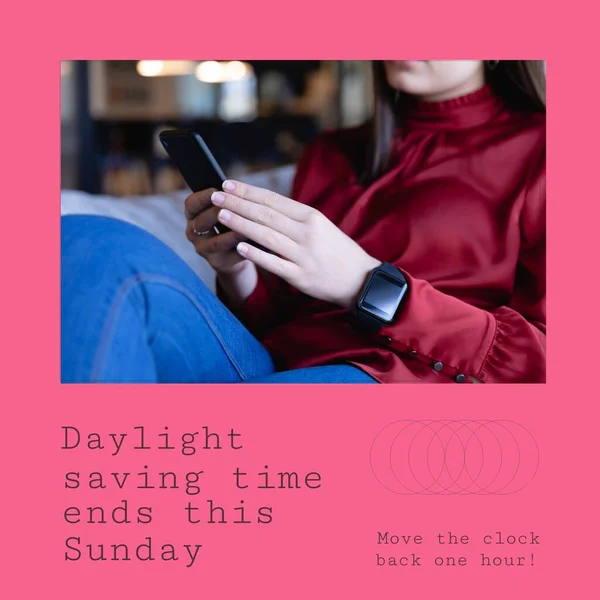 Composition of daylight saving time text over caucasian businesswoman