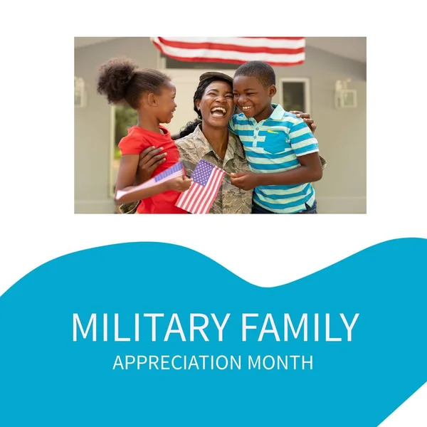 Image of military family appreciation day over happy african american mother with kids. Military, army, family and american patriotism concept.