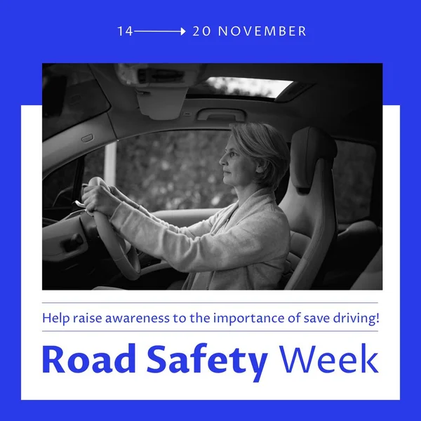 Yol Güvenliği Haftası Kompozisyonu Beyaz Bir Kadın Arabadaymış Yol Güvenliği — Stok fotoğraf