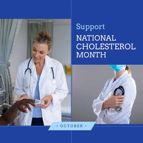 Composition of support national cholesterol month text with diverse doctor and patient. National cholesterol month and celebration concept digitally generated image.