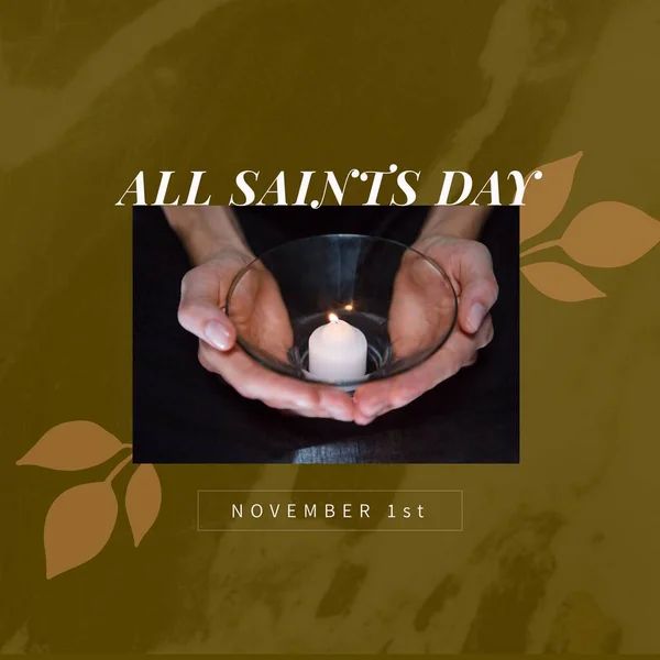 Composition of all saints day text over hands with candle. All saints day and religion concept digitally generated image.