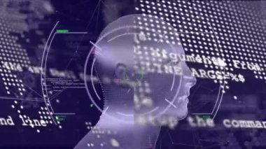 İnsan kafa modelini tarama animasyonu. Küresel bilim, bağlantılar, veri işleme ve dijital arayüz kavramı dijital olarak oluşturulmuş video.