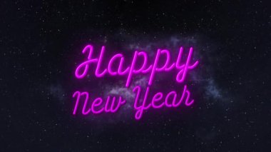 Mutlu yeni yıl animasyonu. Pembe neon metin. Karanlık arka planda parlayan ışık. Yeni yıl geleneği ve dijital olarak üretilen video konsepti.